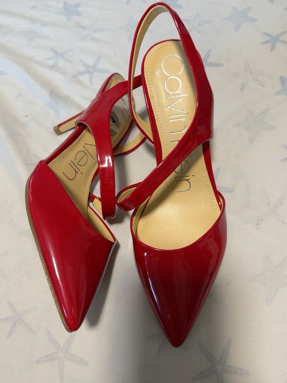 Calvin Klein Red Patent Leather Slingback Pointed-Toe Pumps